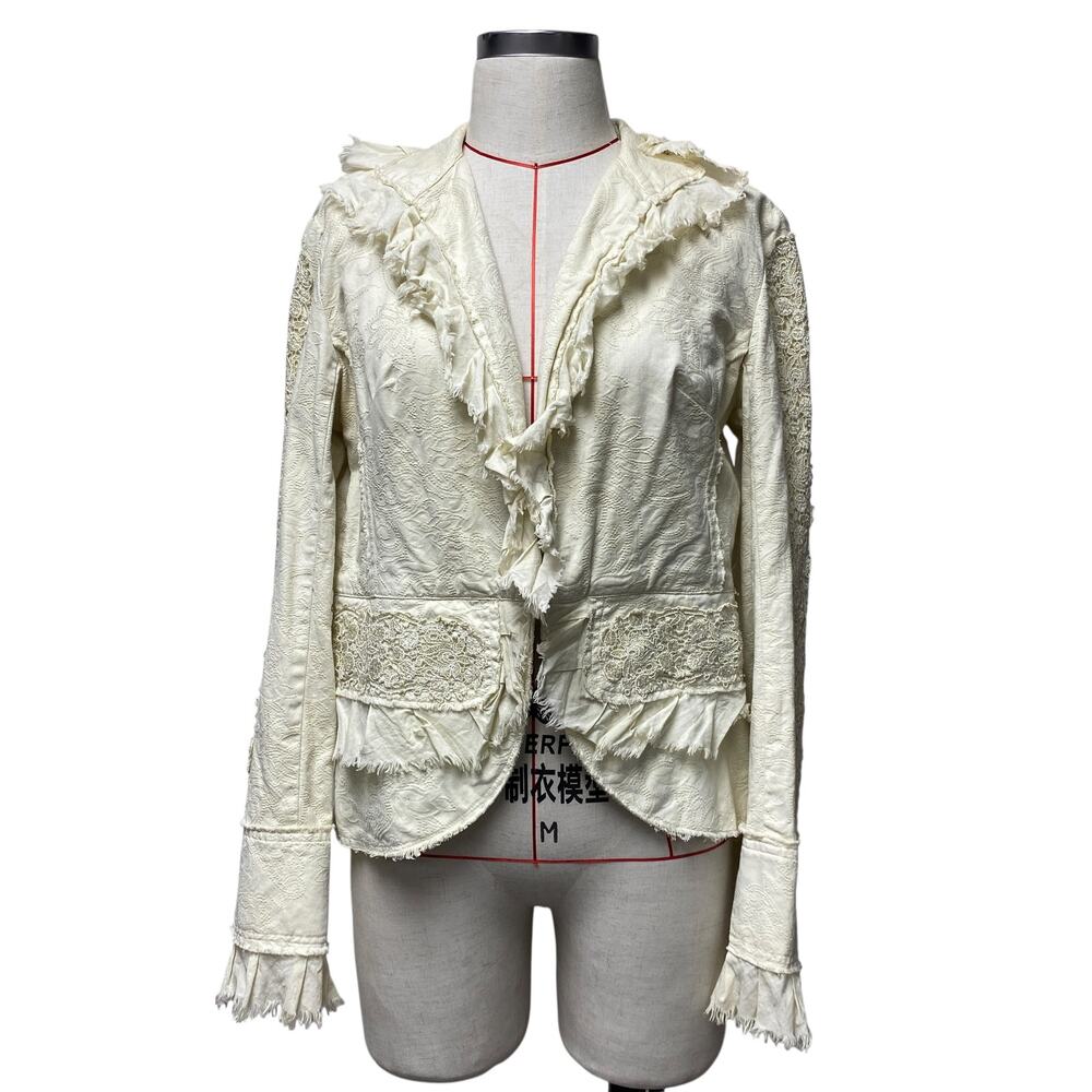 Vintage Heart Moon Star Womens Size L Crochet Frayed Detail Boho Blazer Jacket